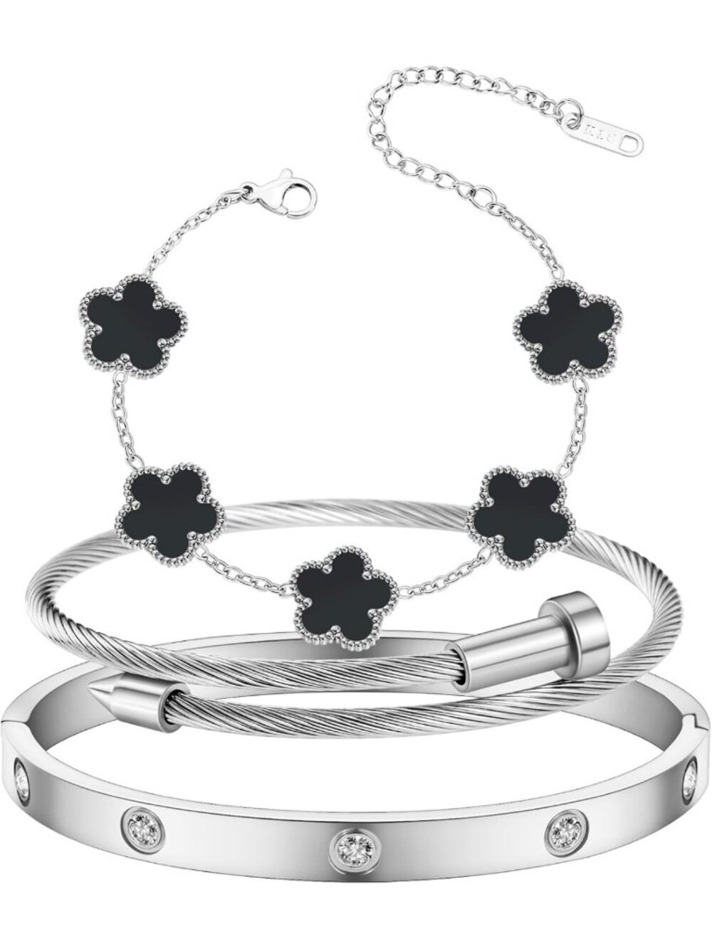 18K Gold Plated Love Friendship Bracelet Set with Cubic Zirconia Cuff Bangle